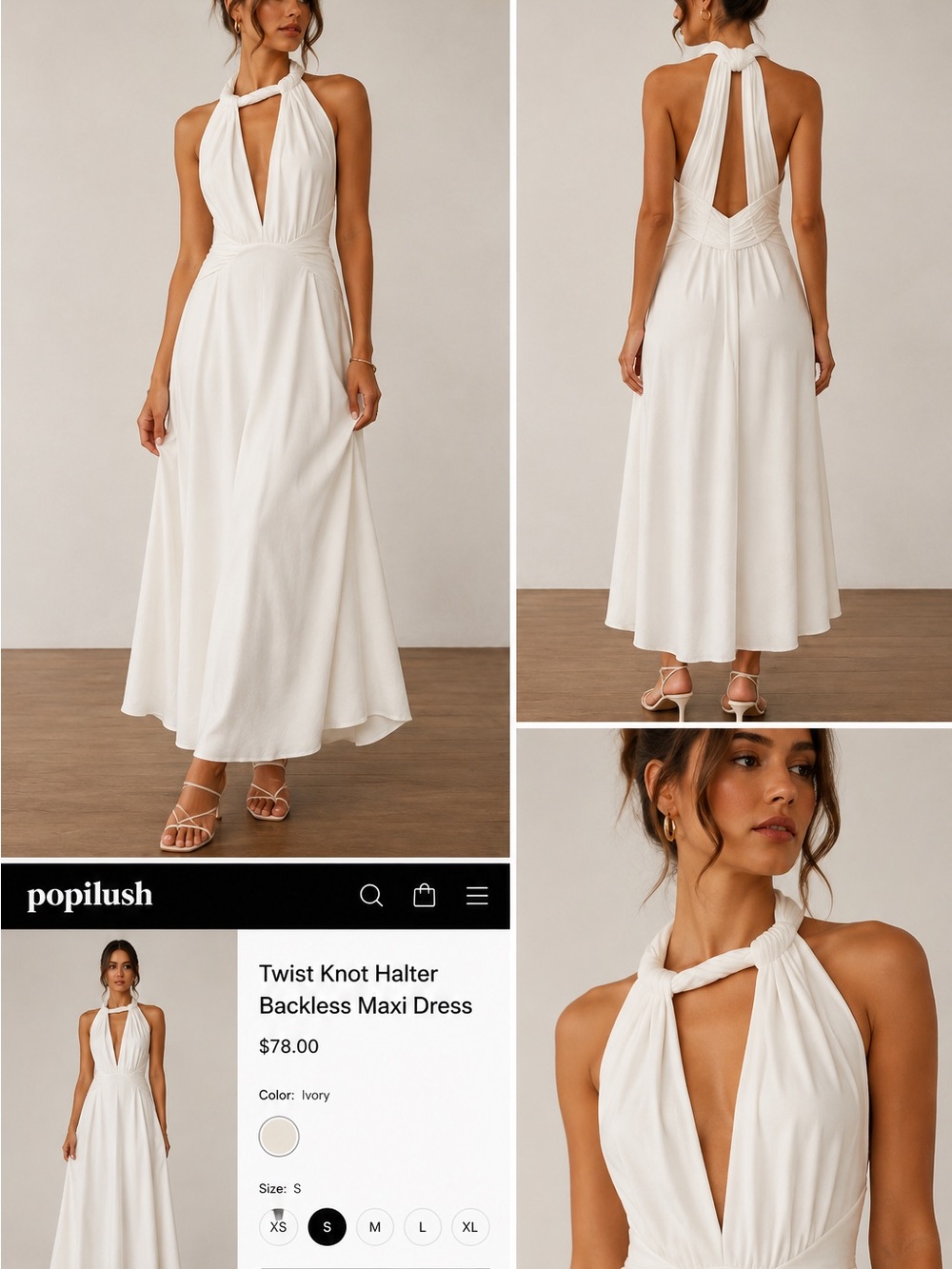 Popilush Twist Knot Halter Backless Maxi Dress in white